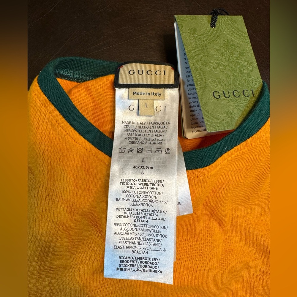 New Authentic Gucci GG Logo Dog Shirt Clothes Gold Green Size L - Picture 9 of 11